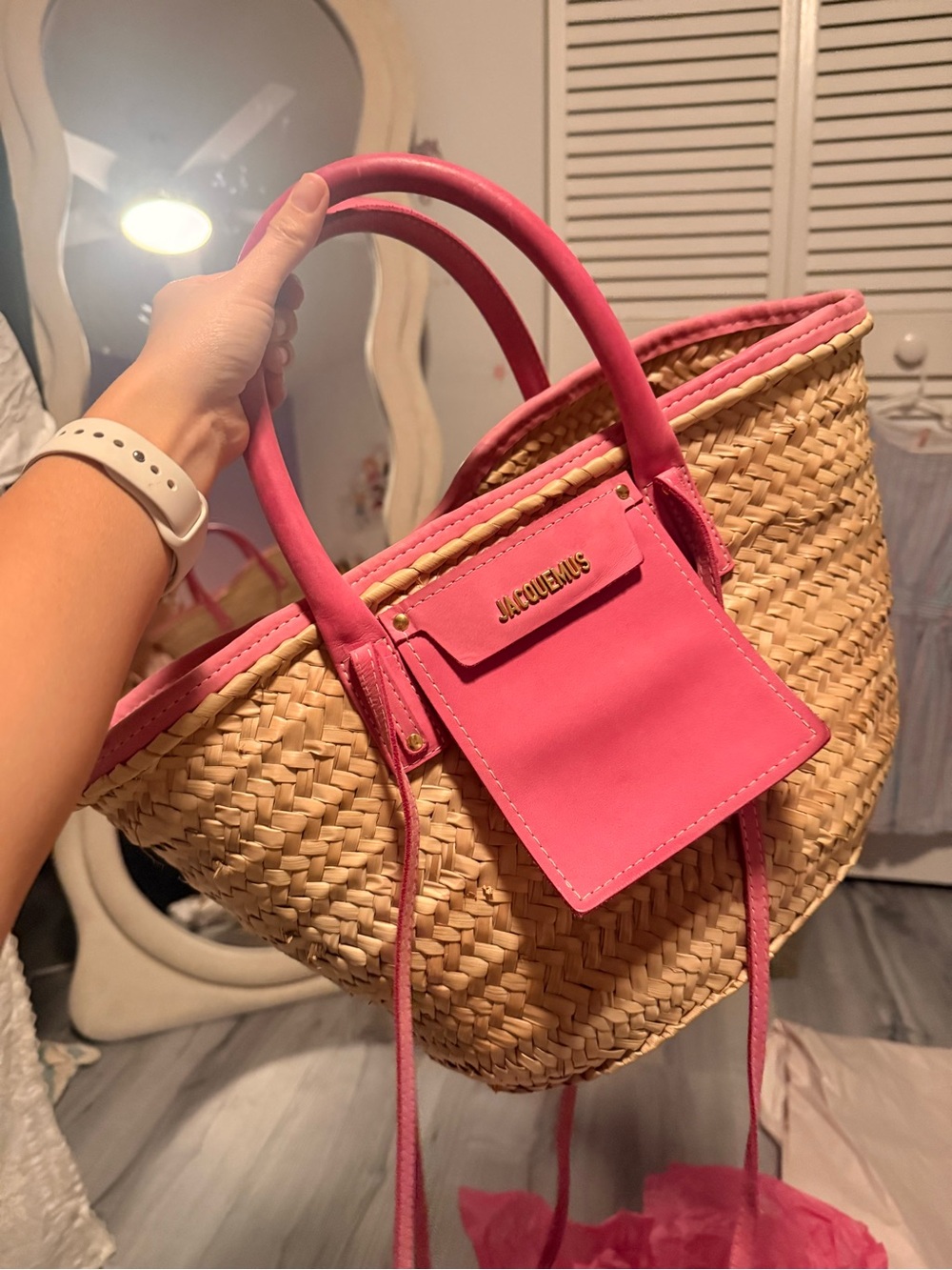 Jacquemus Natural Straw Tote with Pink Leather Trim